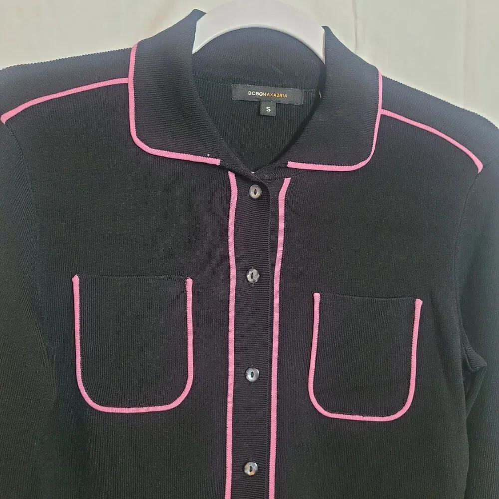 BCBG MaxAzria Y2K Button Up Preppy Cardigan Women Small Black Pink Dark Academia